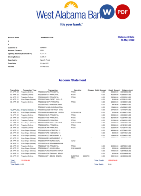 USA West Alabama bank statement Word and PDF template