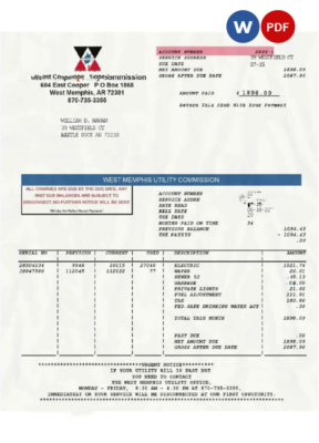 USA West Memphis utility commission utility bill Word and PDF template