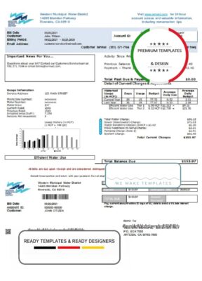 USA Western Municipal Water District utility bill template in Word and PDF format