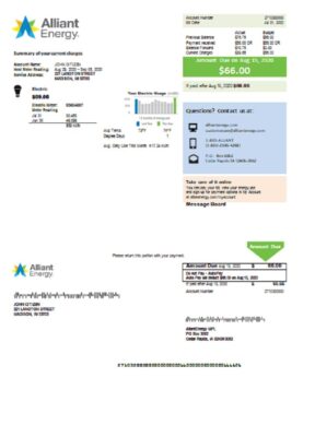 USA Wisconsin Alliant Energy electricity utility bill template in Word and PDF format