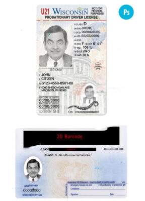 USA Wisconsin state vertical driving license editable PSD template, under 21