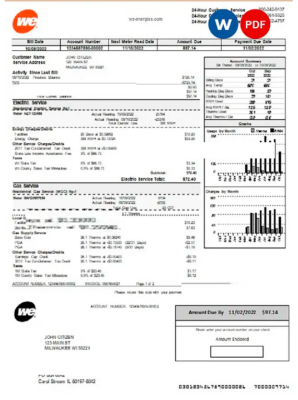 USA Wisconsin We Energies electricity utility bill template in Word and PDF format