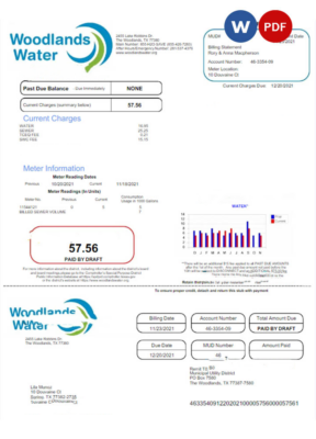 USA Woodlands Water utility bill Word and PDF template