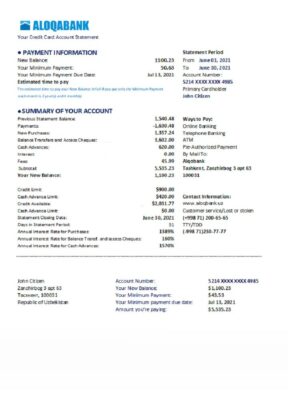 Uzbekistan Aloqabank Bank statement easy to fill template in .xls and .pdf file format