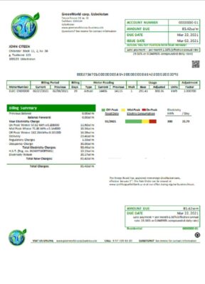 Uzbekistan GreenWorld utility bill template in Word and PDF (.doc and .pdf) format, fully editable