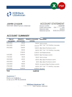 Uzbekistan KDB bank statement, Excel and PDF format