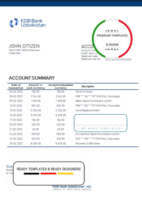 Uzbekistan KDB Bank statement template in Word and PDF format