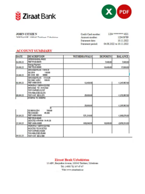 Uzbekistan Ziraat Bank statement, Excel and PDF format