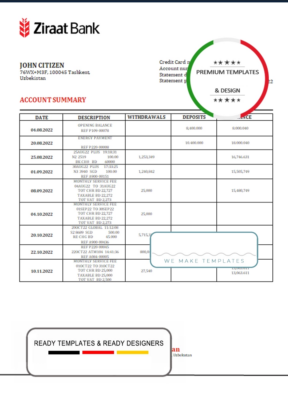 Uzbekistan Ziraat Bank statement template in Word and PDF format