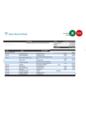 Vanuatu Alpen Baruch bank statement, Excel and PDF template