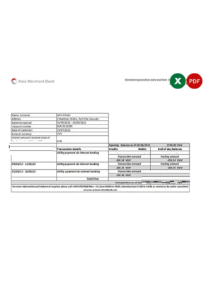 Vanuatu Asia Merchant bank statement, Excel and PDF format