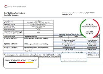 Vanuatu Asia Merchant bank statement template in Word and PDF format