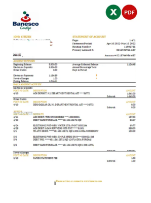 Venezuela Banesco bank statement, Excel and PDF template