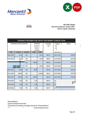 Venezuela Mercantil bank statement, Excel and PDF template