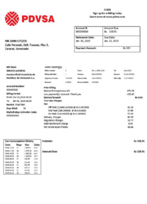 Venezuela PDVSA Gas utility bill template in Word and PDF format