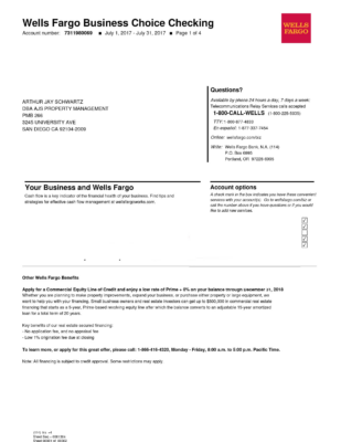 Wells Fargo Personal/ Business Checking Statement Editable in Adobe Acrobat Reader (fillable .pdf format) – 4 pages