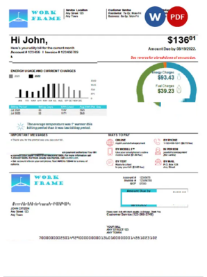 # work frame universal multipurpose utility bill, Word and PDF template