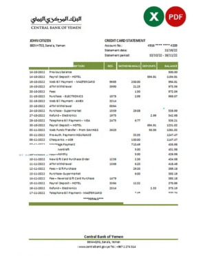 Yemen Central Bank of Yemen bank statement, Excel and PDF template