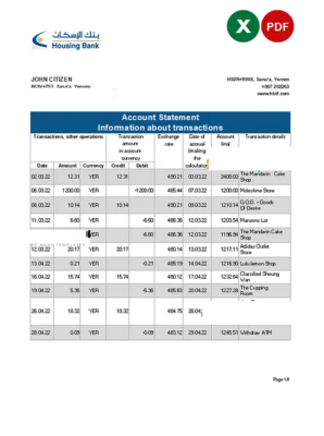 Yemen Housing bank statement, Excel and PDF template