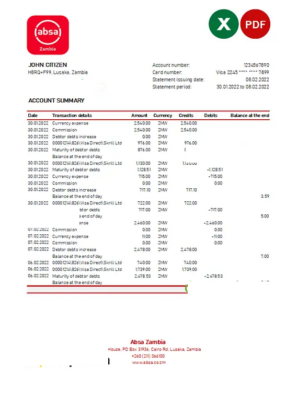 Zambia Absa bank statement, Excel and PDF template