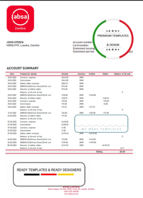 Zambia Absa bank statement template in Word and PDF format