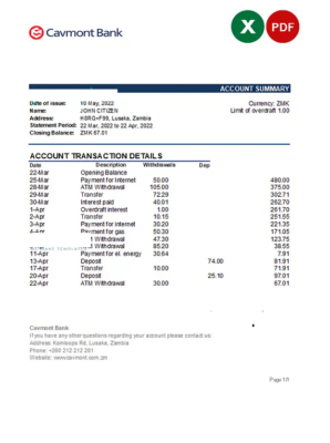 Zambia Cavmont bank statement, Excel and PDF template