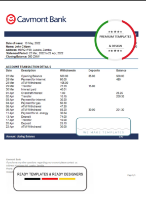 Zambia Cavmont bank statement template in Word and PDF format