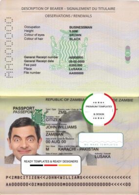 Zambia passport template in PSD format, fully editable