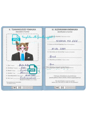 Zimbabwe cat (animal, pet) passport PSD template, completely editable