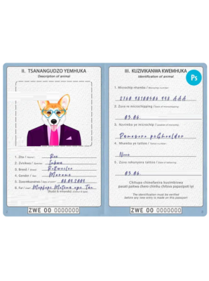 Zimbabwe dog (animal, pet) passport PSD template, completely editable