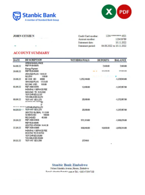 Zimbabwe Stanbic bank statement, Excel and PDF template