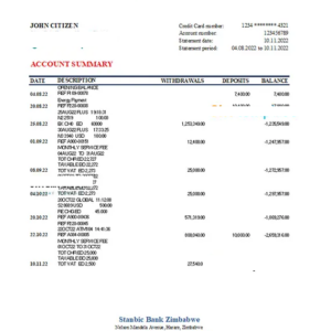 Zimbabwe Stanbic bank statement, Excel and PDF template