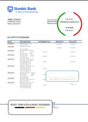 Zimbabwe Stanbic Bank statement template in Word and PDF format