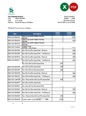 Zimbabwe Standard Chartered bank statement, Excel and PDF template