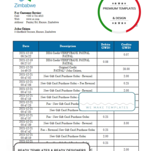 Zimbabwe Standard Chartered Bank statement template in Word and PDF format